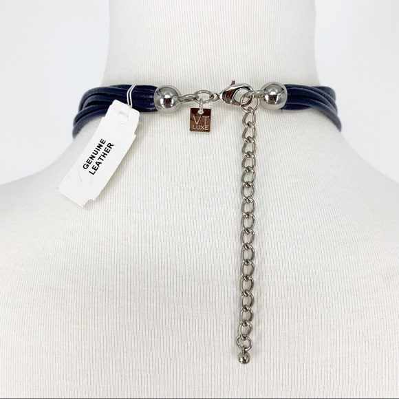 VT Luxe Blue Leather Silver Chain Multi Strand Necklace Teal Crystal Statement - Picture 4 of 6
